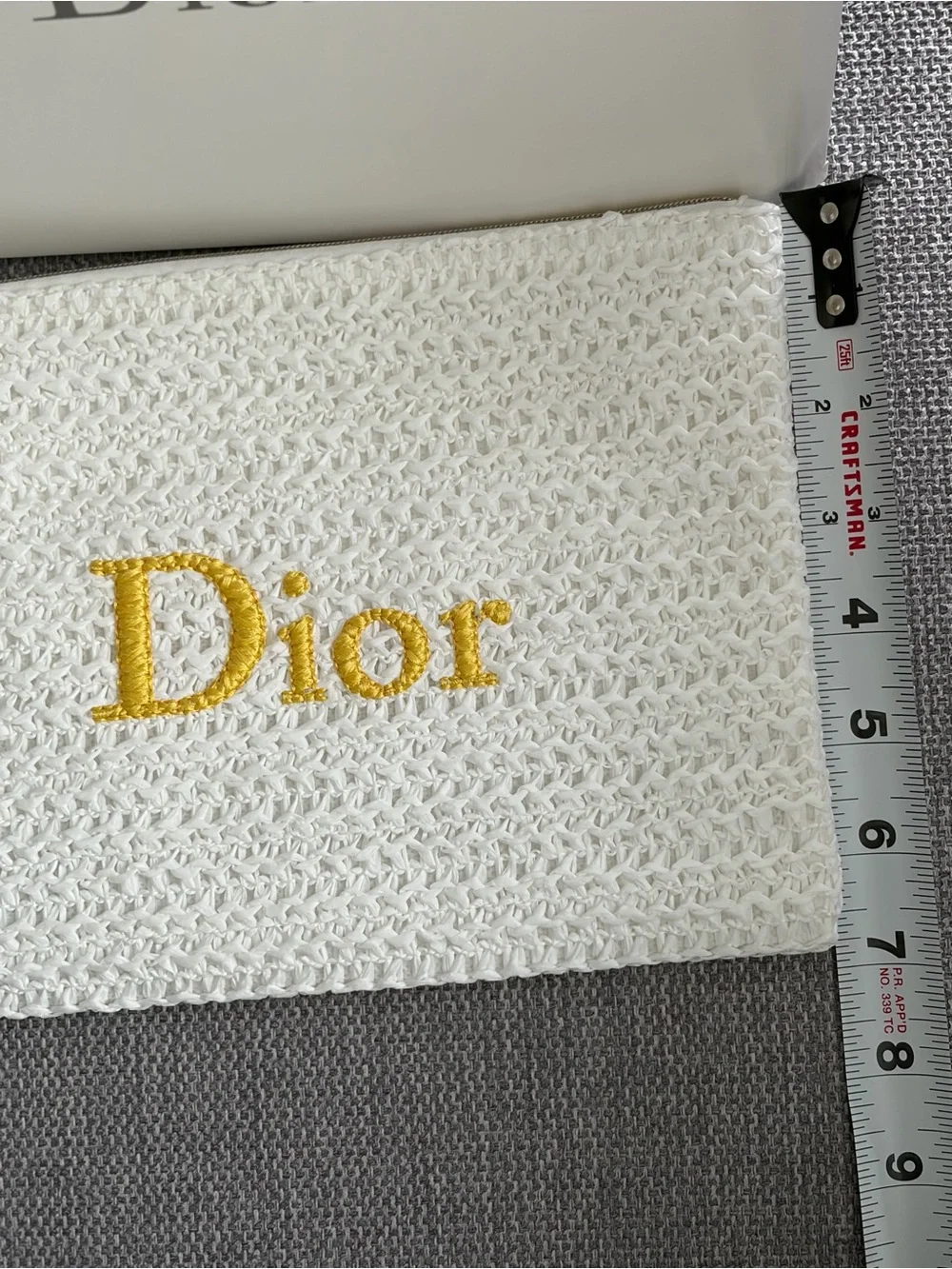Dior White Woven Pouch with Yellow Logo and Gold Hardware